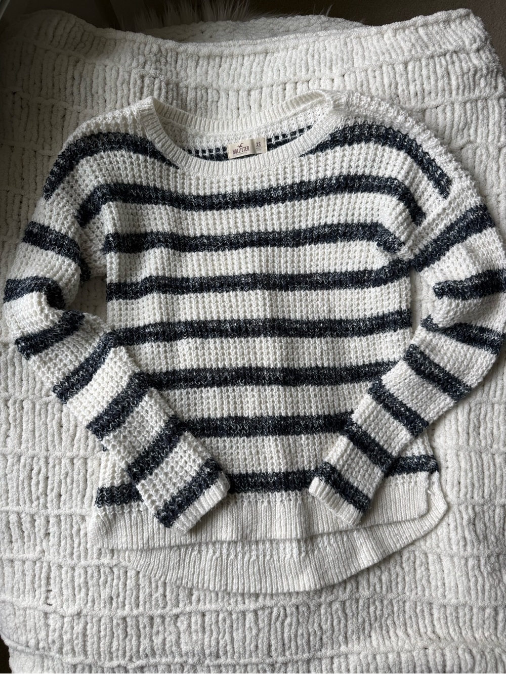 White & Navy Striped Knit Sweater